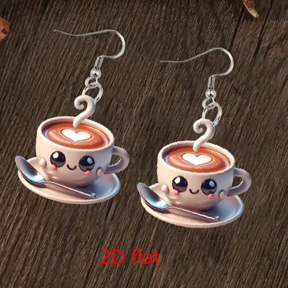 2D Acrylic Heart Coffee Cup Drop Earrings with Stainless Steel Hooks - Picture 2 of 2